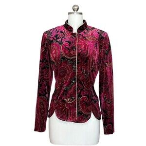 R&K Evening Blazer Jacket Womens Size M Pink Black Gold Paisley Velvet